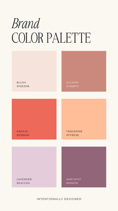 the color palette is shown in shades of pink, orange and purple with text that reads brand