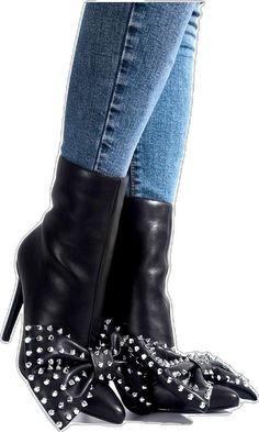 Edgy Spiked Heels, Winter Spiked Boots, Fitted Studded Heels For Night Out, Winter Party Boots With 4-inch Heel, Edgy High Ankle Heels For Party, Winter Studded Heels, Studded Heels For Winter, Edgy Fitted Heeled Boots For Party, Edgy Winter Party Boots