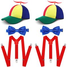 PRICES MAY VARY. Complete Costume Combination: you will receive 2 pieces of propeller hats, 2 pieces of red suspenders and 2 pieces of blue bow ties; The funny combinations can meet your cosplay dressing needs, and you can share them with your good friends or family members in Halloween Soft and Comfortable: the blue and yellow propeller hat is mainly made of comfortable polyester, soft and breathable, easy to absorb sweat, the bow tie is mainly made of artificial silk, smooth and delicate, and Adjustable Themed Multicolor Hats, Adjustable Multicolor Themed Hats, Red Adjustable Hat For Costume Party, Adjustable Red Hat For Costume Party, Adjustable Red Mini Hat For Costume Party, Adjustable Brimmed Themed Costume Accessories, Playful Adjustable Hats For Costume, Playful Adjustable Hat For Costume, Fun Costume Hat