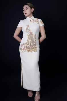 Beth and Brian Qipao - YB Peacock embroidery, champagne long Qipao Traditional White Cheongsam For Wedding, Fitted Floral Embroidered Ao Dai For Wedding, Fitted Ao Dai With Floral Embroidery For Wedding, Traditional White Ao Dai For Party, Elegant Embroidered Ao Dai For Formal Occasions, White Embroidered Ao Dai For Wedding, Elegant Embroidered Ao Dai For Ceremony, Elegant Ao Dai With Intricate Embroidery For Ceremony, Elegant Wedding Ao Dai With Intricate Embroidery