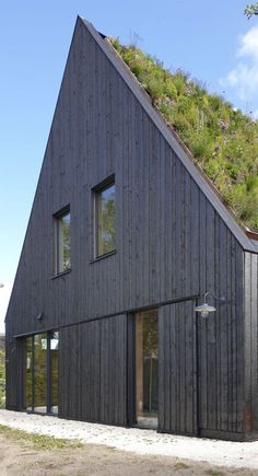 a black house with a green roof and windows