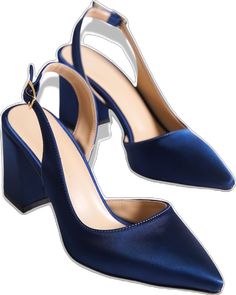 Elegant 4-inch Heels For Bridesmaids, Blue Padded Heel Slingback Pumps For Evening, Blue High Heel Slingback Pumps For Evening, Banquet Block Heel Shoes, Blue Slingback Pumps With 4-inch Heel For Evening, Elegant Blue Slingback Pumps With 4-inch Heel, Blue Slingback Pumps With Round Toe For Party, Elegant High Heel Block Heels For Bridesmaids, Closed Toe 4-inch Heels For Bridesmaids