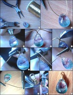 a collage of photos showing how to make glass teardrops with wire and scissors