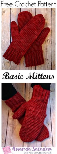 two pictures of mittens with text that says, free crochet pattern basic mittens