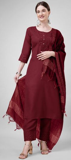 Red and Maroon color Salwar Kameez in Blended Cotton fabric with Embroidered, Sequence, Thread work Traditional Red Chinon Salwar Kameez, Red Unstitched Salwar Kameez For Formal Occasions, Red Formal Salwar Kameez Fabric Only, Red Semi-stitched Salwar Kameez, Red Unstitched Shantoon Salwar Kameez, Maroon Color, Shalwar Kameez, Thread Work, Wearing Red