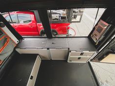 the inside of a vehicle with its door open