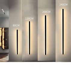 three different types of modern wall lights in various sizes and colors, with the same size as