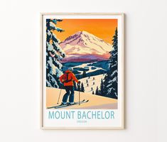 a painting of a person skiing on a mountain with the words mount bachelorr above them