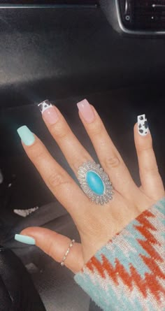 Short Dip Powder Nails Western, Turquoise And Cow Print Nails, Stagecoach Nails, Alayna Core, Rodeo Nails Westerns, Cowgirl Nails Westerns, Punchy Nails