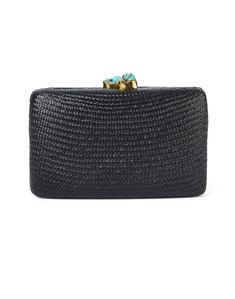 Update your evening look with Kayu's chic woven straw clutch. This style has been made larger to fit all of your essentials, including the iPhone Plus! The closure is adorned with turquoise stones and gold-tone border for a delicate accent. Perfect for an effortlessly polished look, this clutch can be styled with everything from a daytime dress to a cocktail attire. Luxury Woven Rectangular Clutch, Elegant Woven Clutch, Elegant Turquoise Bag For Formal Occasions, Elegant Beach Clutch, Elegant Black Summer Clutch, Luxury Woven Clutch, Elegant Woven Clutch For Vacation, Elegant Evening Clutch With Woven Details, Elegant Woven Clutch For Evening