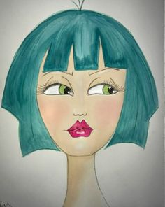 a drawing of a woman with blue hair and green eyes