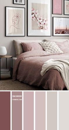 a bedroom with pink and grey colors in the walls, pictures on the wall above the bed