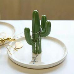 a small green cactus sitting on top of a white plate next to a gold necklace