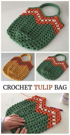 the crochet tulip bag is made with two different colors and has an attached handle