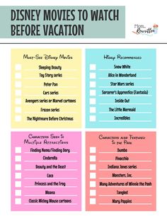 the disney movies to watch before vacation checklist is shown in pink, blue and yellow