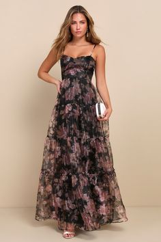 Exclusive Glamour Black Floral Organza Tiered Maxi Dress Spring Wedding Maxi Dress, Black Tie Wedding Guest Dress Spring, Maxi Prom Dresses, Floral Organza Dress, Organza Gowns, Romantic Floral Print, Black Tie Dress, Floral Gown, Formal Dresses Gowns