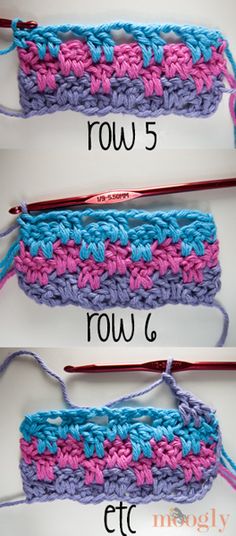 three different crocheted items are shown with the words row 5 and row 6