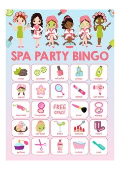 a poster with the words spa party bingo on it