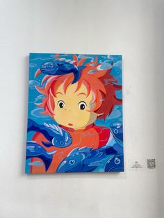 a painting of a boy with red hair and blue eyes swimming in the ocean on a white wall