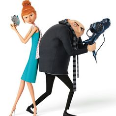 a cartoon character holding a camera next to a woman