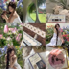 a collage of photos with flowers and an image of a woman in a white dress