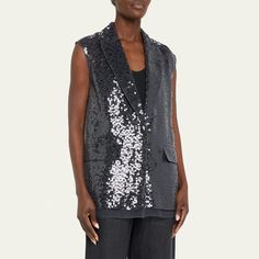 Brunello Cucinelli Crispy silk layered long paillette vest Silk Made in Italy Formal Silk Vest For Spring, Elegant Sequined Vest For Spring, Sleeveless Summer Party Outerwear, Chic Sleeveless Sequin Vest, Chic Sleeveless Vest With Sequins, Sleeveless Evening Vest For Fall, Sleeveless Sequined Vest For Fall, Sleeveless Fall Vest With Sequins, Fall Sleeveless Vest With Sequins