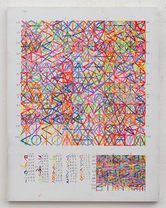 an art work with multiple colored lines and numbers on the page, in different colors