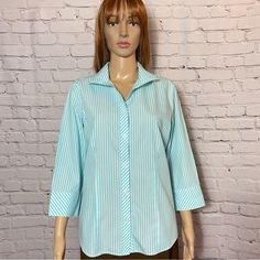 Show Your Inner Beauty In Our No-Iron Stripe Shirt. Made With Our Wrinkle-Free Fabric, This Collared Shirt Pairs Well With Jeans Or Pants. No-Iron Fabric Gives You An Always-Pristine, Wrinkle-Free Look. Classic Fit Button Down Shirt. 3/4 Sleeve V-Neck Light Blue And White Stripes 100% Cotton Size 1 Us M Length: 25'', Pit To Pit: 21'' New Without Tag, Tag String Still Attached B-14(5) Spring Office Shirt With Half Sleeves, Spring Office Half Sleeve Shirt, Blue Cotton Half Sleeve Blouse, Half Sleeve Shirt For Office In Spring, Blue Half Sleeve Cotton Blouse, Blue Half Sleeve Tops For Work, Spring Office Shirt With 3/4 Sleeves, Blue Half Sleeve Shirt For Workwear, Blue Half Sleeve Workwear Shirt