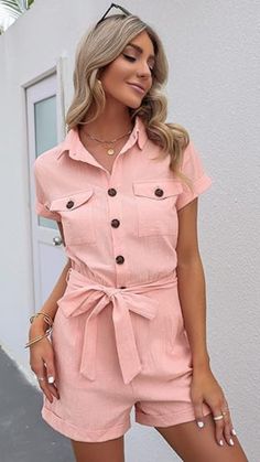 Rompers & Jumpsuits // Show off your gorgeous style wearing this light pink short sleeves button down belted romper.