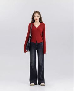 Casual Winter Outfits Baddie, Genz Office Outfit, Underpass Outfit, Japan Style Fashion Women, Oyanxi Outfits, Knee Skirt Outfits, Red Sweater Outfit Aesthetic, Red Long Sleeve Shirt Outfit, K Drama Fashion