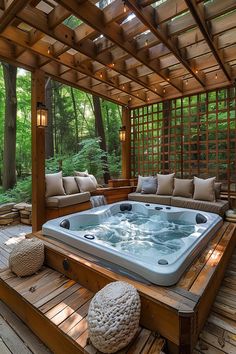 Wooden hot tub with privacy lattice in a lush forest setting, perfect for secluded relaxation. Hot Tub Privacy Ideas, Jacuzzi Pool, Hot Tub Privacy, Hot Tub Pergola, Backyard Spa, Nosy Neighbors, Hot Tub Landscaping, Privacy Ideas, Pool Design Ideas