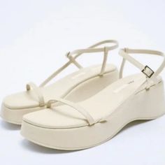 These Are Zara Nwt Cream Strappy Platform Sandals - Women's Size 7. These Have Been Worn Once - With Only Signs Of Wear On The Bottom Of The Shoes (Photos For Reference). These Shoes Are No Longer Sold On Their Website - A Rare Find! Zara Platform Sandals For Spring, Cream Platform Sandals For Summer, Trendy Cream Ankle Strap Sandals, Summer Cream Platform Sandals, Zara Summer Wedge Sandals With Round Toe, Zara Round Toe Wedge Sandals For Summer, Zara Synthetic Sandals For Summer, Cream Wedge Heel Sandals For Day Out, Zara Summer Sandals In Beige