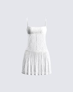 Give em' a taste of heaven in this white lace pleated dress 🤍 Made from stretchy lace, and complete with a lined bandeau bra, pleated skirt, fitted bodice, and drop waist that creates an elegant, and flowy look ✨ Leave little to the imagination -- 'dress' is sheer & undergarments are not included 👀 Finesse Dress, Flowy Shirts, Custom Wardrobe, Digi Cam, Earthy Outfits, Lace Trim Dress, Bandeau Bra, High Fashion Outfits, Pleated Mini Dress