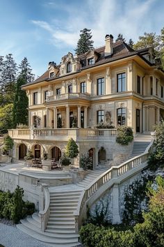 a large house with stairs leading to the upper floor and second story, surrounded by trees