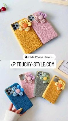 four cell phone cases with flowers on them and one is made out of felt, the other