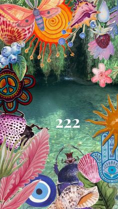 an image of colorful flowers and butterflies in the water with numbers 22 - 22 on it