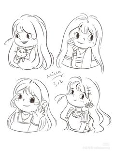 three cartoon girls with different expressions and hair styles