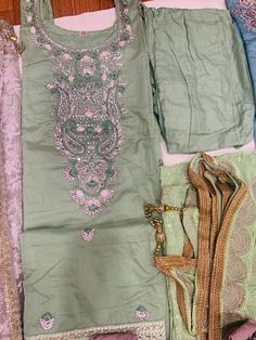 The sizes are available of 38, 40, 42, 46.  All sizes almost going out of EID. Suits are readymade. Sequins work with embroidered organza materials. Dupatta heavy work with beautiful lace n lotkons. Pista Green Silk Churidar With Chikankari Embroidery, Elegant Pista Green Silk Churidar, Elegant Green Churidar With Chikankari Embroidery, Designer Silk Sets With Lace Work, Designer Green Lace Sets, Festive Silk Sets With Lace Work, Pista Green Silk Salwar Kameez With Chikankari Embroidery, Elegant Pista Green Chanderi Churidar, Elegant Pista Green Churidar With Resham Embroidery