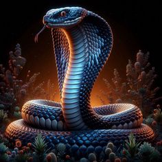 a blue and white snake with its mouth open in the night sky, surrounded by plants