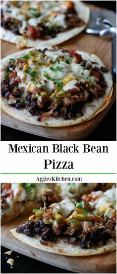 mexican black bean pizza on a cutting board with text overlay that reads mexican black bean pizza