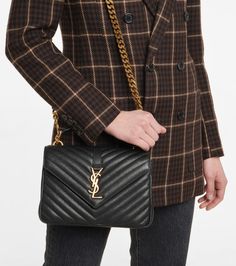 Collège Medium leather shoulder bag Designer Flap Bag With Gold-tone Logo Plaque, Black Shoulder Bag, Black Chain, Saint Laurent Bag, Black Hardware, Quilted Leather, Chain Strap, Shoulder Bag Women, Leather Crossbody Bag