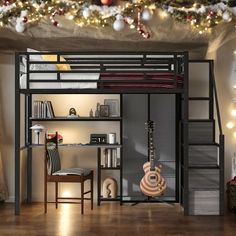 there is a bunk bed with a guitar on the bottom and stairs to the top