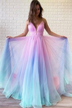 Ombre Prom Dress, Spaghetti straps V neck Tulle Colored Prom Dresses, Wedding Party Gowns, Evening Party Gowns, Wedding Guest Dress, 420 on Storenvy Multi Color Prom Dress, Ombre Prom Dress, Gaun Koktail, Ombre Prom Dresses, Graduation Gown, Gaun Fashion, V Neck Prom Dresses, 파티 드레스, Gowns Prom