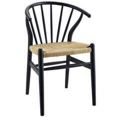 a black chair with a wicker seat and wooden backrest, against a white background