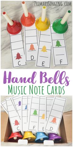 hands and bells music note cards in a box with the words handbells on them