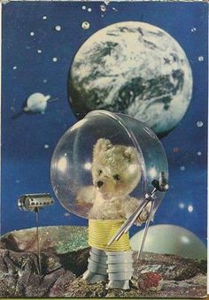 a teddy bear in a space suit holding a telescope and looking at the earth through a bubble