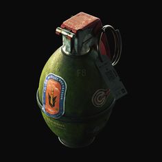 an old fashioned green gas can with stickers on it's side and tag attached to the top