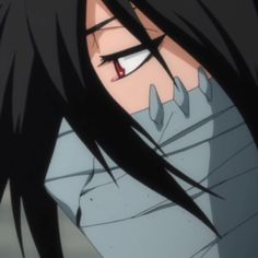 an anime character with long black hair and red eyes