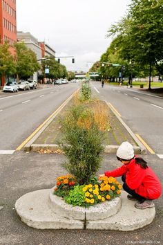 a woman kneeling down next to a planter filled with flowers on the side of a road