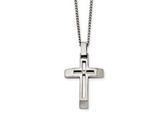 Bella Luce ® white diamond simulant round, polished stainless steel mens cross pendant with chain. Pendant measures approximately 1.69"L x 1.00"W and has a 4mm bail. Includes an 22" curb chain with a lobster claw closure. The diamond equivalent weight is 0.005ctw. Classic Stainless Steel Jewelry With Cross Pendant, Stainless Steel Cross Pendant Jewelry For Anniversary, Stainless Steel Cross Jewelry With Polished Finish, Mens Crosses, Pendant With Chain, Diamond Simulant, Polished Stainless Steel, Chain Pendant, Curb Chain